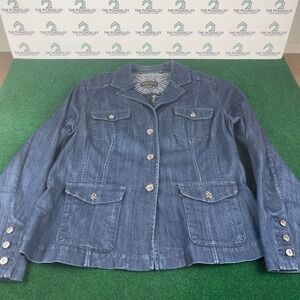 Dana Buchman Denim Blazer Jacket Zebra Print Lined Military Style Size 12